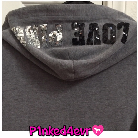 PINK Victoria's Secret Tops - VS PINK Gray Full Zip Silver & Black Bling Hoodie